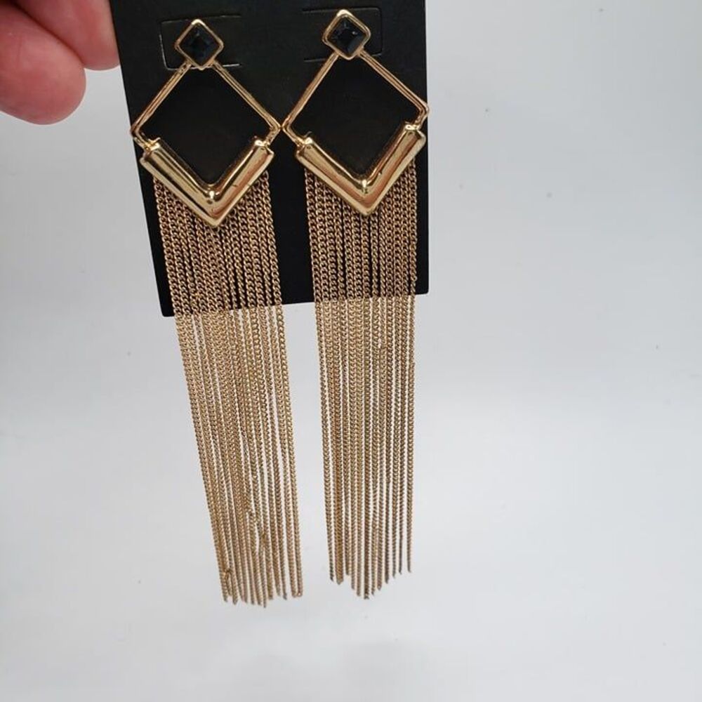 Gold Tone Black Diamond Shape Tassel Earrings Boho Statement Jewelry 4" Dangle